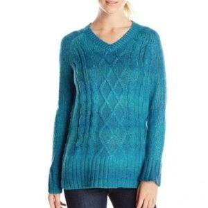 Prana Cable Knit Chunky Teal Ombre Cable Fisherman Sweater Sz S